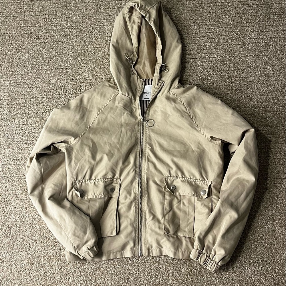 Angel Kiss Beige Hooded Zip Jacket with Striped Lining